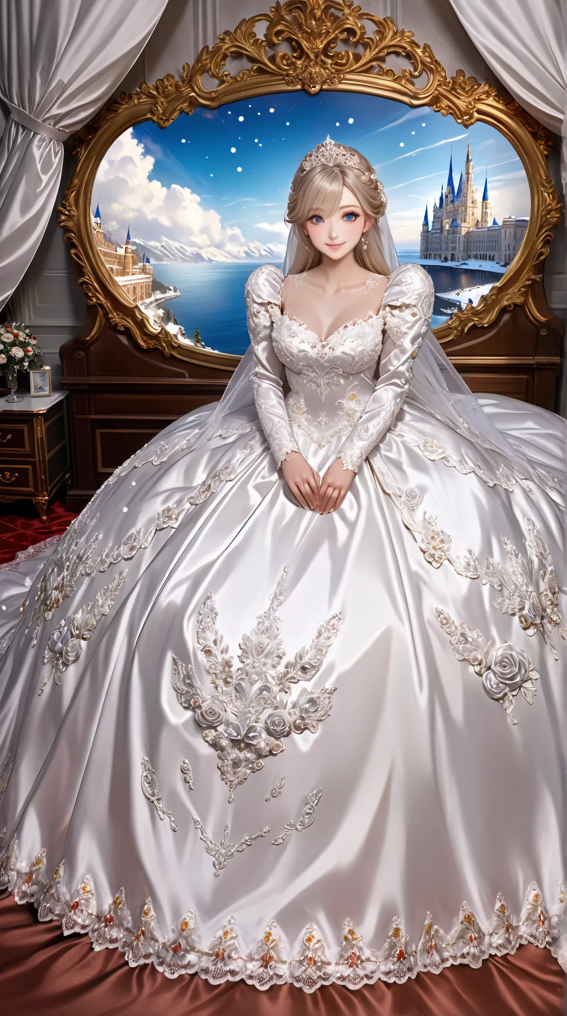 precise,High Detail,Very detailed,European palace bedroom,Snow Queen,Ultra-long sea view,Smile,European wedding dress,rough skin,Bedside ,Eye-catching sight of the audience,4K High Resolution,Extreme Detail,realistic as real photos, Professional Photograph...