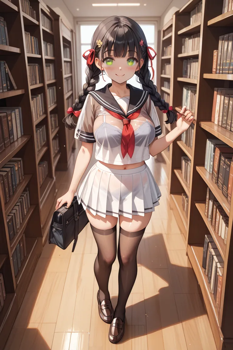 	Very Big Breasts Young Elementary School Student　black hair with big braids　black fabric sailor suit　, black fabric, very short, mini skirt, long black stockings, see-through, white underwear, short height　Chestnut brown eyes　　Young girl　　cute　　Extra larg...