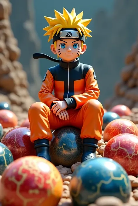 Naruto sitting on several realistic dragon balls from Dragon Ball Z 3d 