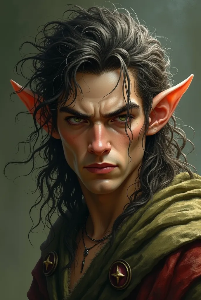 A male elf man with tangled very curly hair and a fit body with almond shaped dark green eyes and thick eyebrows angry expression with thick lips and an little arched nose a rounded wide jawline in a realistic fantasy art style