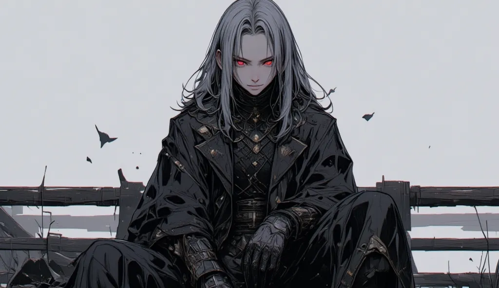 a woman sitting on top of a wooden bench, handsome guy in demon slayer art, wearing long black winter coat, isaac zuren, elegantly posing over you, silver haired, inspired by Guo Xi, [[[[grinning evily]]]], picture of a male cleric, bjd, russian clothes, v...