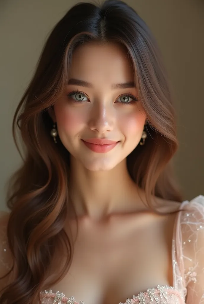 A  girl, realistic face,  fair skin , long brown hair,  natural makeup , soft lighting,  smile , detailed eyes, ultra realistic, 8K and a beautiful dress in the foreground, The whole body can be seen including