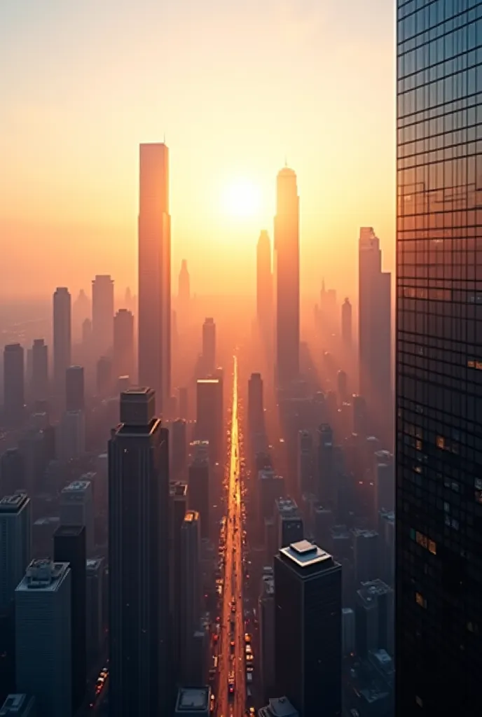 Scene 1: The video begins with a panoramic shot of the city at sunrise, with the golden morning lights reflecting off the modern glass buildings.