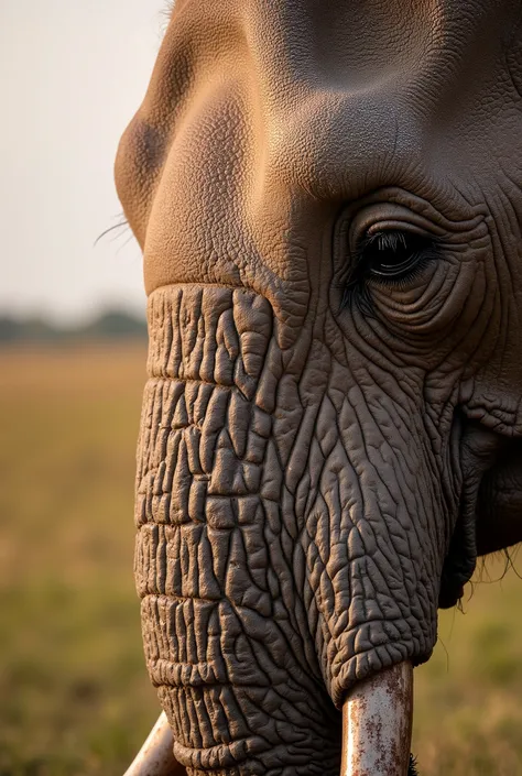 A **hyper-realistic extreme close-up** of the **rough, deeply textured skin of an African elephant** during a **Senegal safari at sunrise**. The **intricate wrinkles and dry, cracked patterns** on the elephant’s thick, gray hide reveal **years of resilienc...