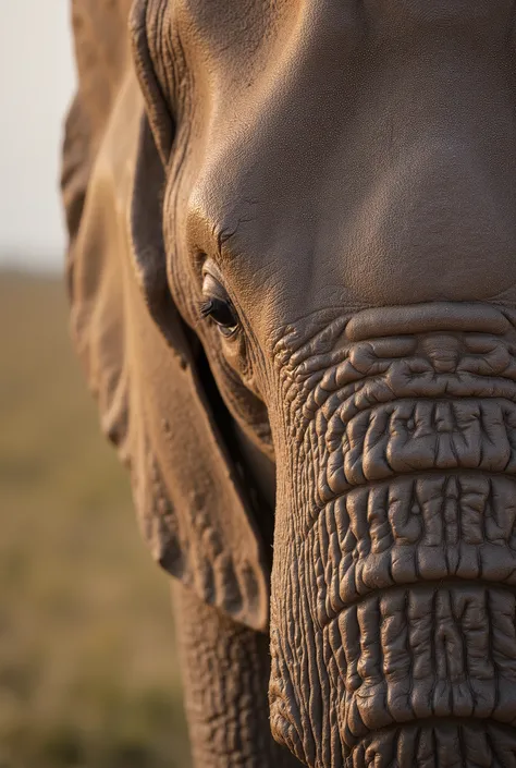 A **hyper-realistic extreme close-up** of the **rough, deeply textured skin of an African elephant** during a **Senegal safari at sunrise**. The **intricate wrinkles and dry, cracked patterns** on the elephant’s thick, gray hide reveal **years of resilienc...