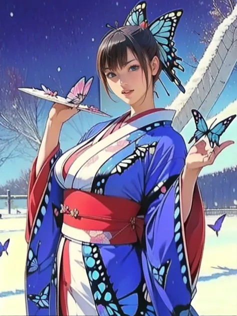    beautiful Japanese women wear kimonos on New Year's Day   . ( blue swallowtail butterfly pattern on kimono : 1.3), (  dynamic pose  ), (  is standing), (smile), ( Background winter landscape   : 1.3),   To Celebrate the New Year   .    express the elega...