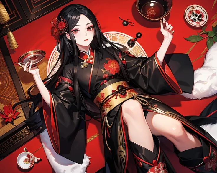 a beautiful and feminine young man, male courtesan, male geisha, he has a tear mole under his left eye, black long hair, black eyes, black chinese long clothes with red spider lily pattern, light makeup, red lipstick, chinese dinning room, tea set.