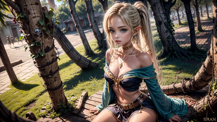 ((1girl)), ((solo)), elf, long hair, young elf girl, small pointy ears, round breasts, cleavage, looking at viewer, green eyes, jewelry, necklace, off shoulder, ((straddling a branch high up in a large tree)), ((skinny)), ((petite)), ((small)), flirting wi...