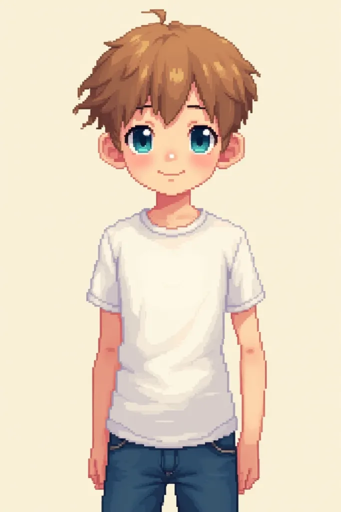 Create a 32x32 pixel art of a 19-year-old boy with blue eyes, Light brown hair, fair skin,  white t-shirt and jeans  