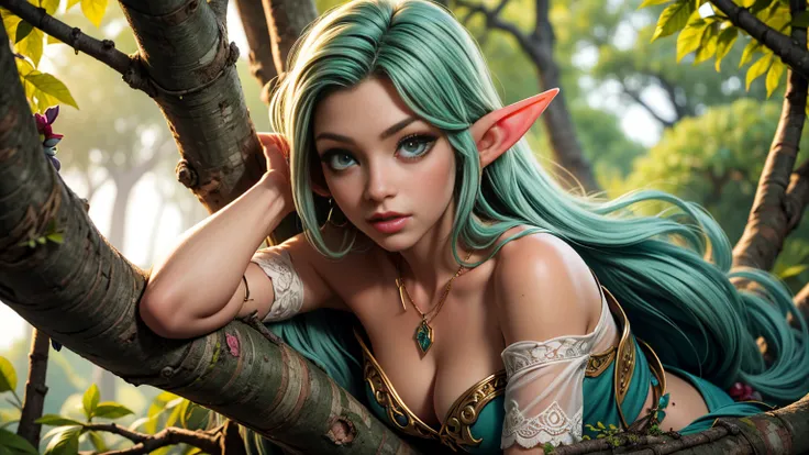 1girl , solo, elf, long hair, young elf girl, small pointy ears, round breasts, looking at viewer, green eyes, jewelry, necklace, off shoulder, laying on a branch high up in a large tree tree, skinny, lips, nose, flirting with camera, cleavage
