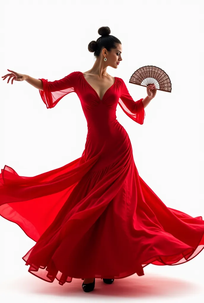 woman dancing Spanish dance style in a red dress with her hair tied up and a fan in her hand with a white background
