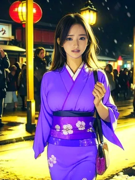  A beautiful Japanese woman is wearing a kimono on New Year's Day. (Kimono purple 、Triangular handle: 1.3), ( dynamic poses that invite sexual activity), ( is standing), (smile), ( background snow scene of Kaminarimon in Asakusa: 1.3), To celebrate the new...