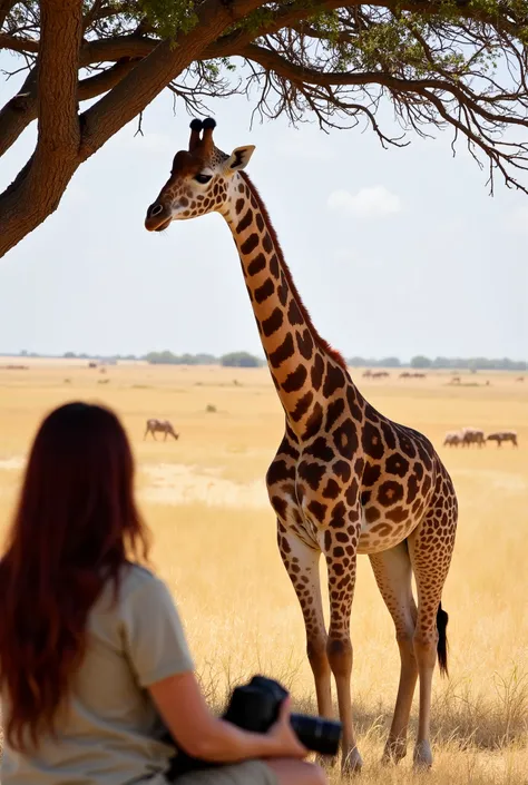 A **hyper-realistic wildlife shot** of a **graceful giraffe standing under the shade of a tall acacia tree in the Senegalese savannah**, its **long, elegant neck stretching up to pluck leaves from the branches**. The **soft sunlight filters through the del...