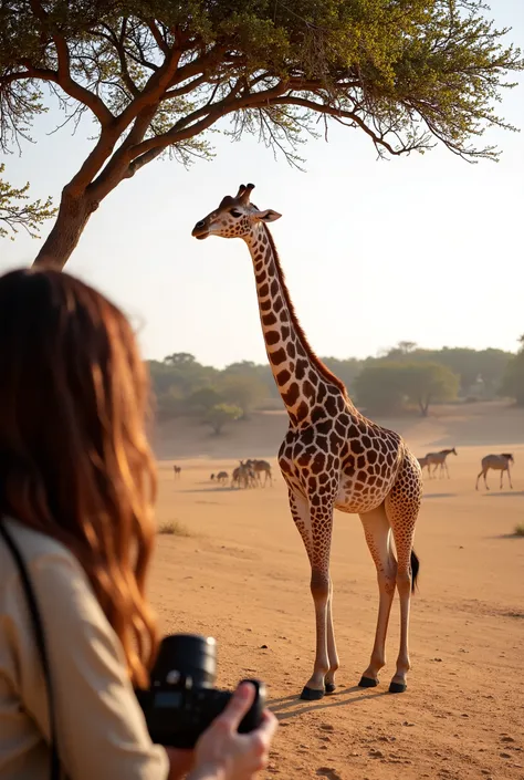 A **hyper-realistic wildlife shot** of a **graceful giraffe standing under the shade of a tall acacia tree in the Senegalese savannah**, its **long, elegant neck stretching up to pluck leaves from the branches**. The **soft sunlight filters through the del...
