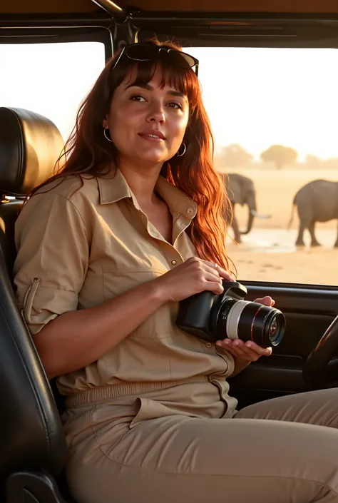 A **hyper-realistic mid-range shot** of a **lightly curvy woman with long, wavy dark red hair and soft bangs**, seated comfortably inside an **open-roof safari jeep in Senegal**, holding a **professional DSLR camera with a zoom lens**. She wears a **light ...