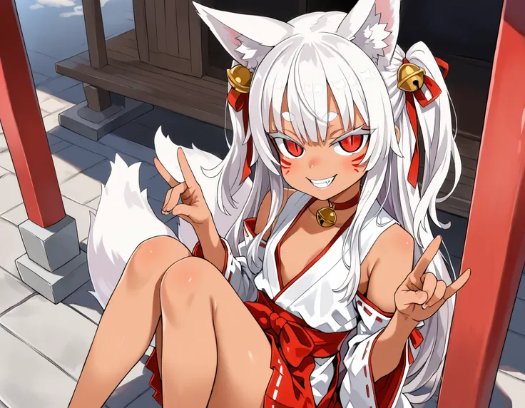 (best quality, highest quality:1.2), masterpiece, Ultra-high resolution, rich contrasts, HD, 8k, fine skin, no makeup, ideal ratio body proportions,
1girl, anime girls, asanagi style, mesugaki, dark skin, tan, red eye, slit pupils, ((white fox ear, white f...