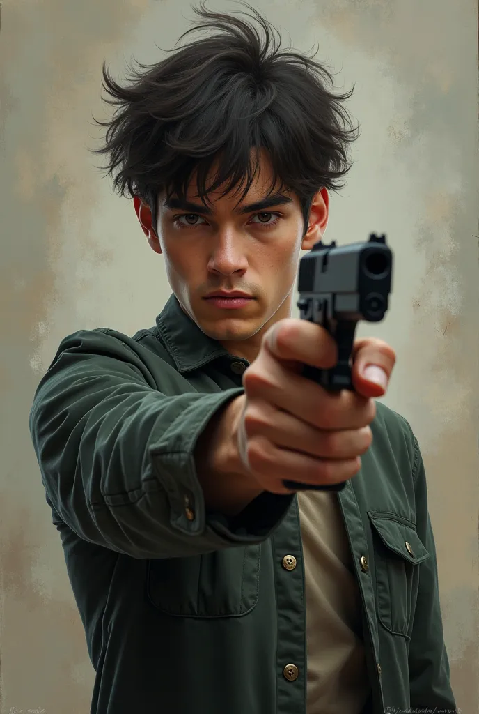 A young man has a gun in his hand 