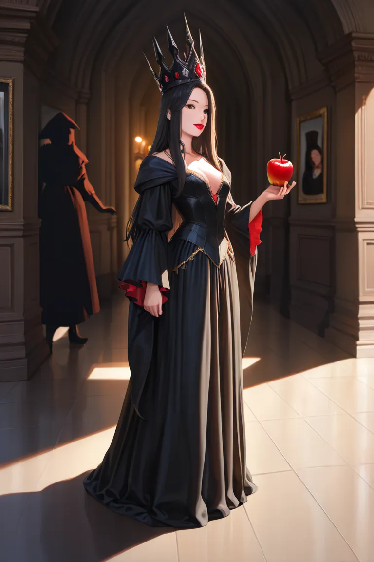 ((RAW Photo), absurd, (absurdresolution)), masterpiece, best quality, (Extremely detailed 8k unity CG wallpaper), (best illustration), (best shadow), Realistic lighting, beautiful detailed glow, ((21 years old)), girl, long black hair, black queen, accesso...