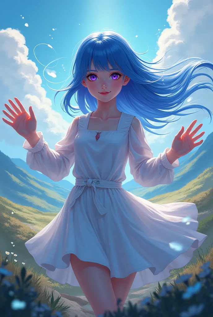 The girl with blue hair and purple eyes, and the wind flows from her hands