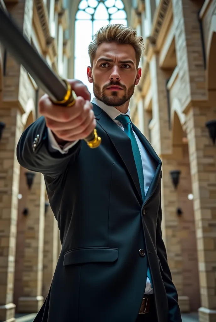    Handsome man   , tall and loud , white,   with short blond hair  ,    short beard, wearing a black suit with a light blue shirt and blue tie , brandishing a sword with yellow magic in combat posture in a castle