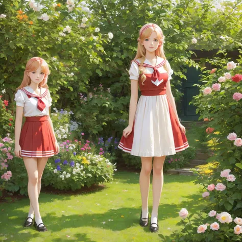 3 girls, long hair,  large  , face red,  Blonde Hair, Green eye sailor dress skirt 1933 style cute beautiful girl 18 years old beautiful long legs in the garden