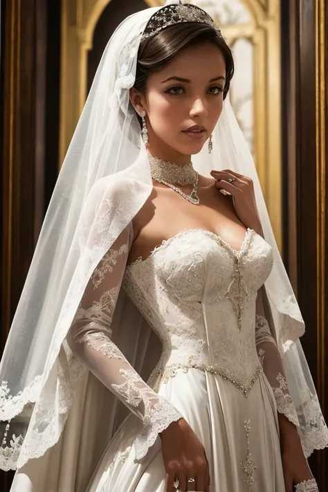 European women's model with hairstyle and veil wearing an extremely luxurious long-sleeved wedding dress with pearl embroidery.  