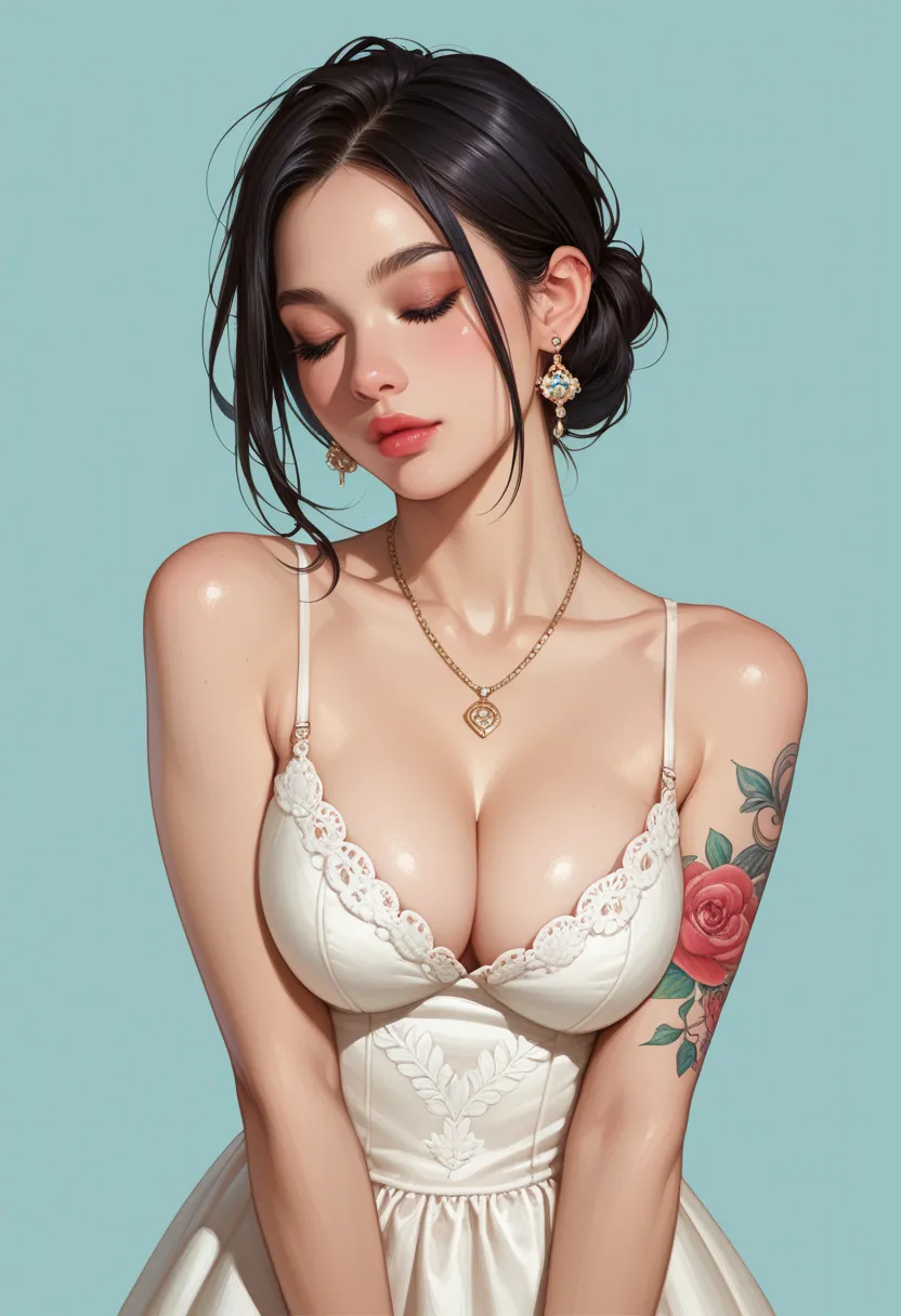 1girl, breasts, solo, black_hair, cleavage, dress, camera, tattoo, closed_eyes, necklace