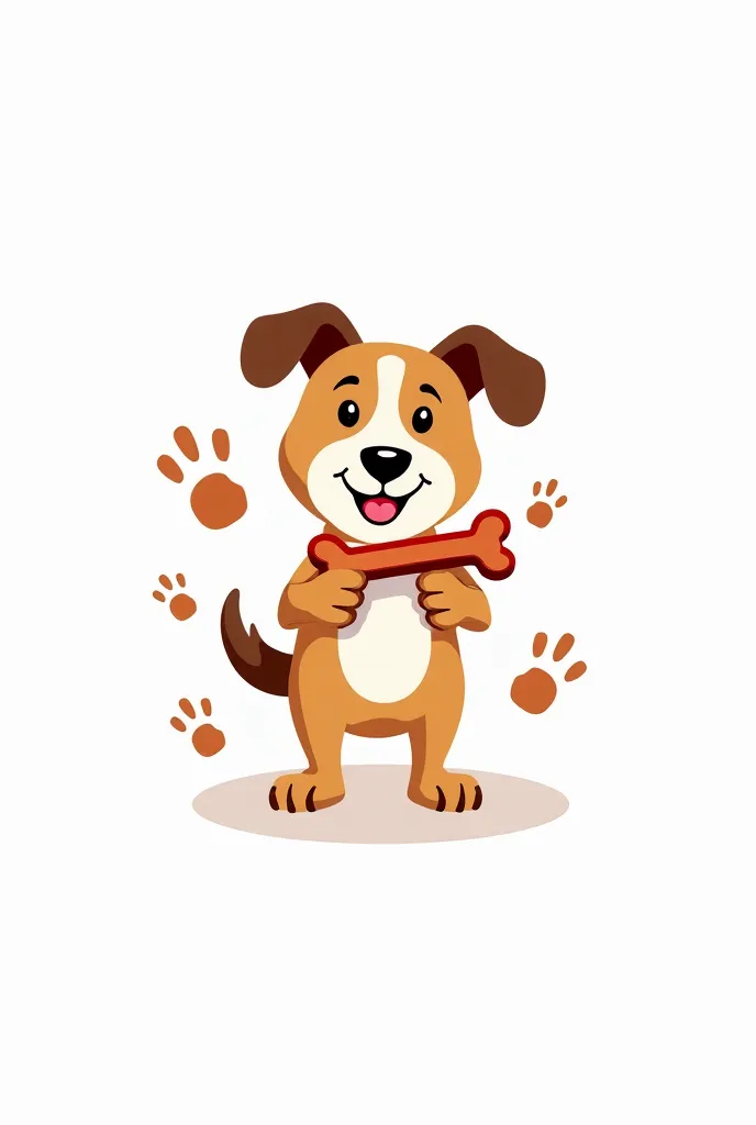 Logo of a company that walks dogs and is called EquipoPatitas with a dog holding a bone that the dog looks happy and around the dog I have fingerprints but that the color of only the background is white 