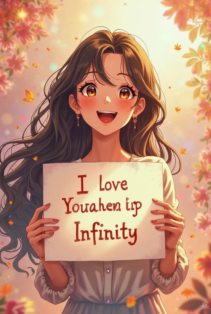 a beautiful and cute woman holding up a sign "i love infinity", joyful, happy, anime illustration, photorealistic, oil painting