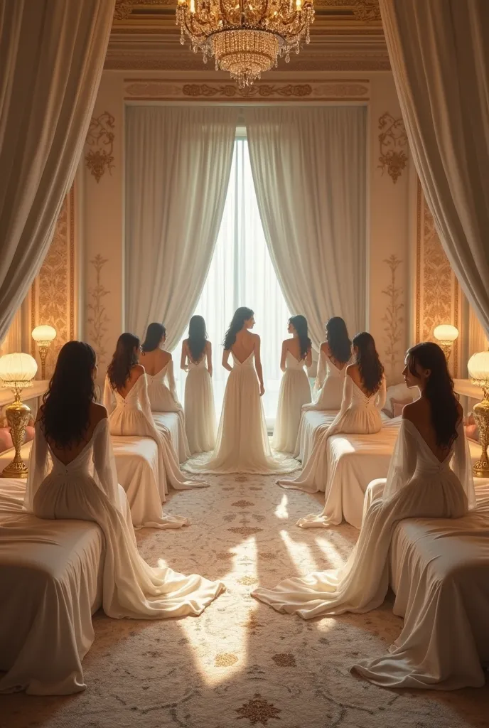 A harem with beds on both sides facing each other with large curtains and many women in white chiffon dresses 