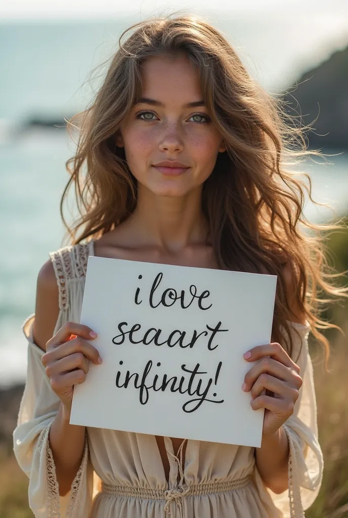 Beautiful girl with wavy long hair, bohemian dress, holding a white board with text "I Love Seaart Infinity" and showing it to the viewer