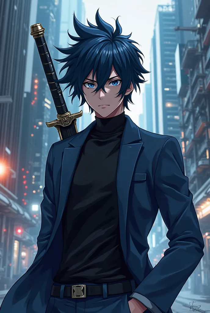 Dark blue hair anime male, black tip hair, blue eyes, void,close eyes, wear dark blue suit, black t-shirt, posing style, fell in science fictiion city alongside a sword