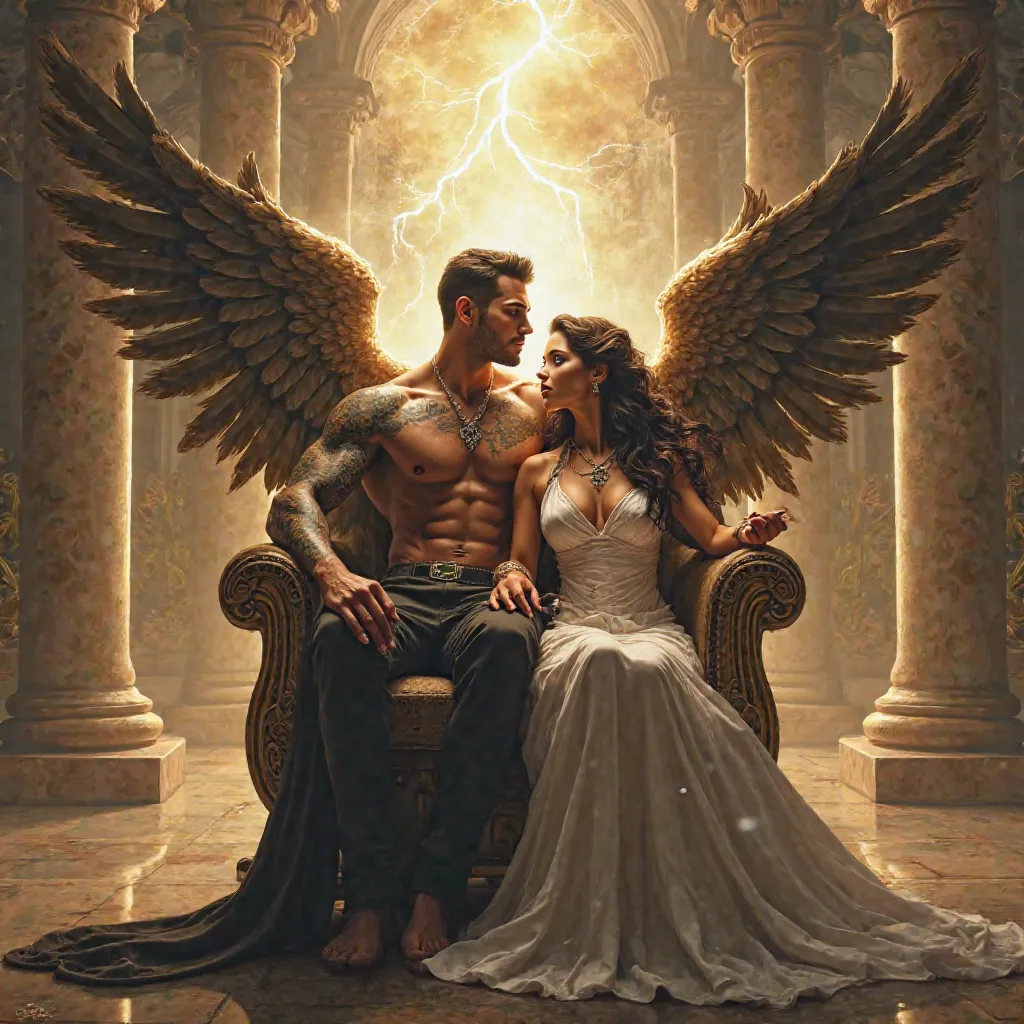 photo de haute qualité, 8K, ultra détaillé, rendu photoréaliste, une couple partage un trône , homme aux cheveux courts, musclé, tatoué, torse nu, éclairs sortant des yeux, avec des ailes d'aigle, une femme yeux très vert, cheveux bouclés, long, archere, p...