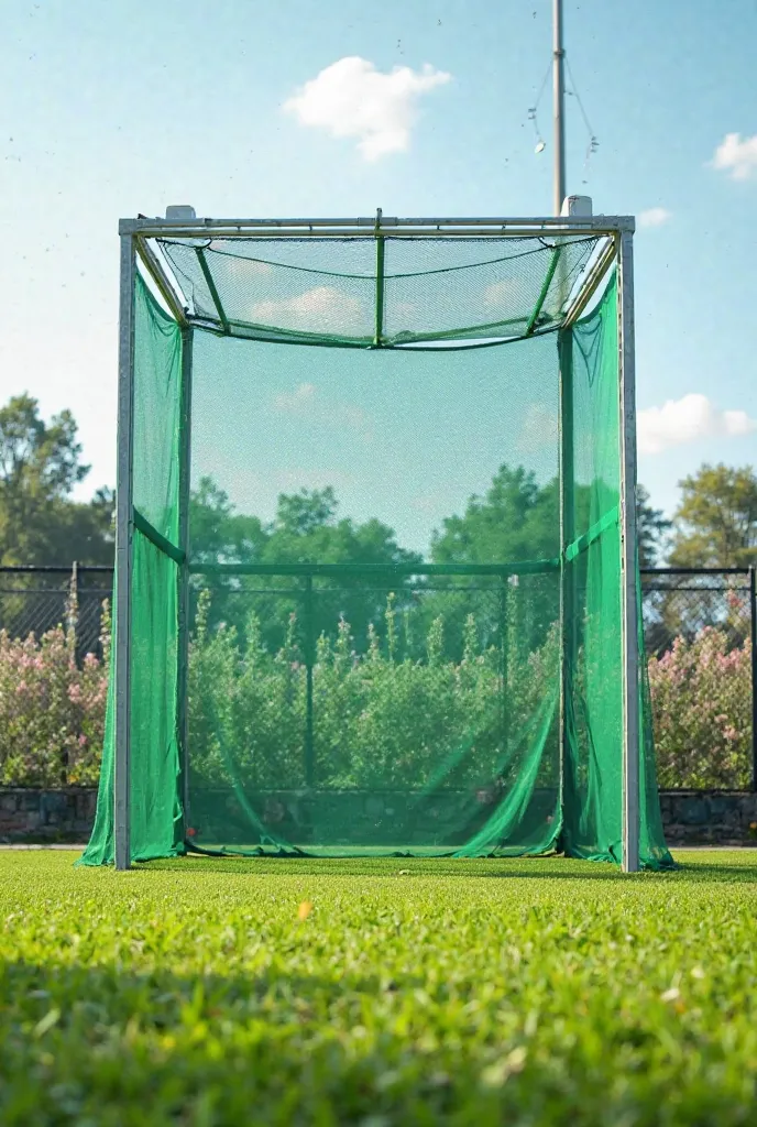 A view of 2.1 m height soccer field goal post with 8m height backstop netting, green color net and steel post.