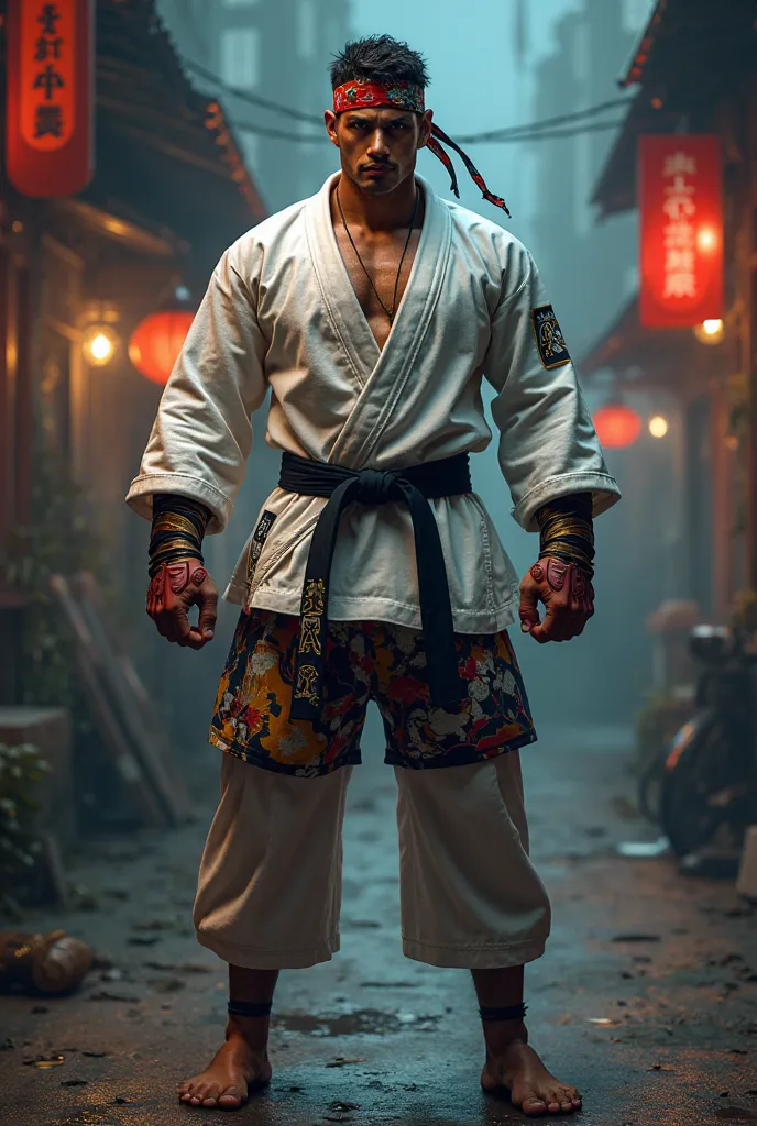 Taekwondo dressed warrior also wearing muaythai shorts, armbands and headbamd on the top of it