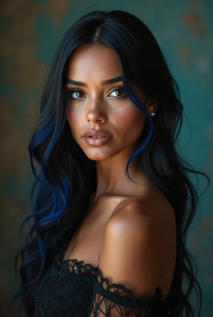 Cena cinematográCreate a highly detailed and realistic portrait of a young Brazilian female influencer with a striking and regal presence. She has long, sleek black hair with bold blue highlights, adding a modern and edgy contrast to her elegant features. ...