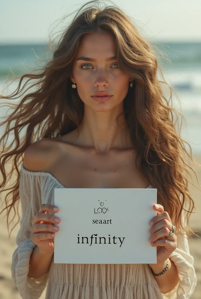 Beautiful girl with long wavy hair, bohemian dress, holding a white board with the text " I Love Seaart Infinity " and showing it to the spectator