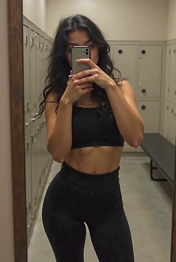 The image shows a young woman taking a selfie in the mirror of a gym locker room. She wears a black sports top and a high-waisted legging, compondo um look fitness. With the cell phone in front of her face, she hides her identity, But show off her long bla...