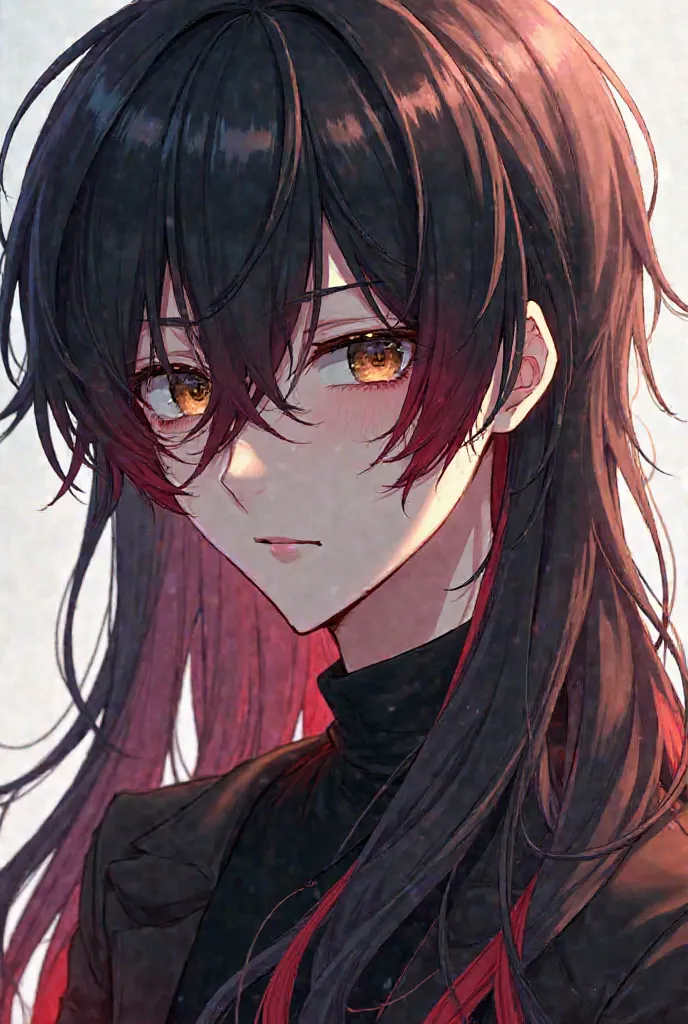 Anime man with black long hair, tips of hair red, hair covers one of the eyes, brown eyes