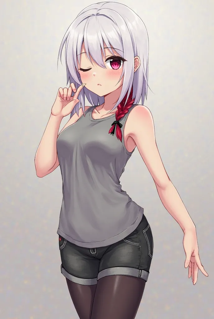 Shoulder-length woman with white hair with red and black locks in the front and a circle above the eyebrows, with clothes y2k  (a gray sleeveless top, dark gray jean shorts, black tights and Mary Jane shoes) With one blind eye and one pink eye (anime style...