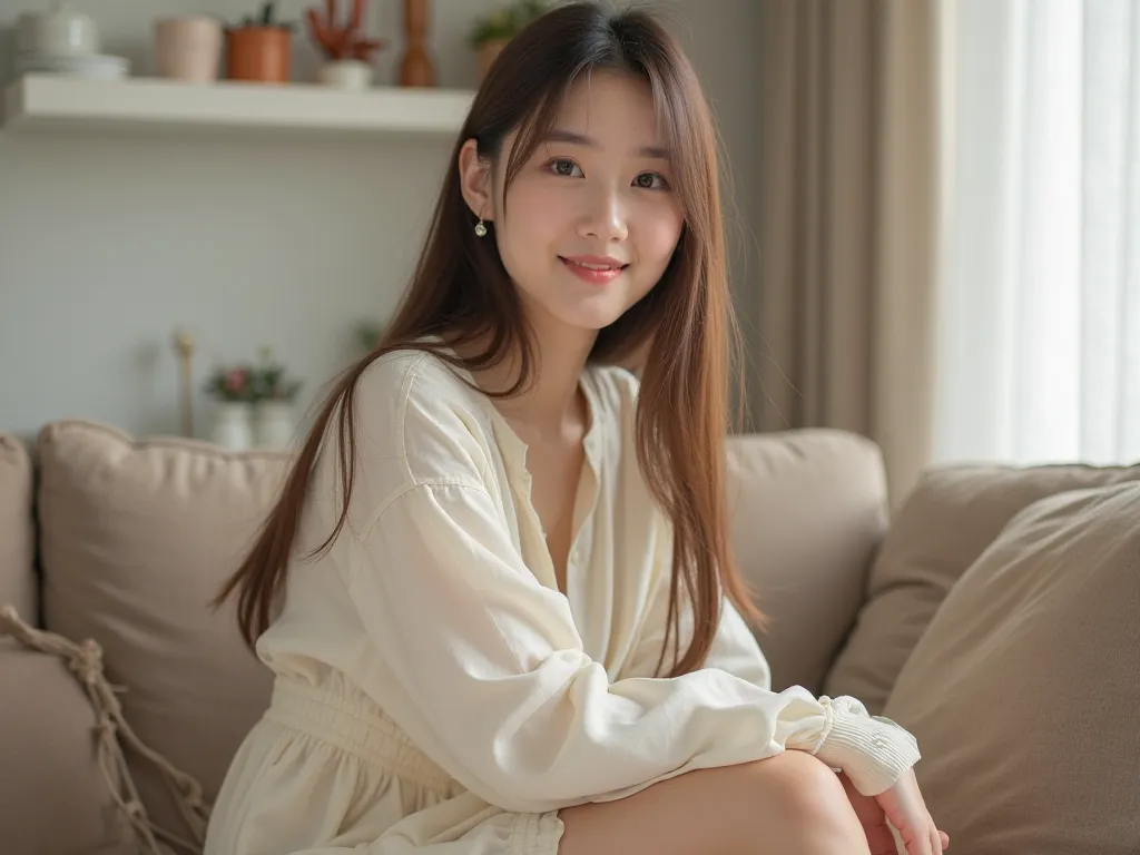 full body picture - 18 year old Chinese actress with slender face, white skin, straight hair, long hair, brown hair, tall, beautiful figure, long slender legs, wearing a short dress, cream color, long sleeves, sitting on the sofa, in the living room, smili...