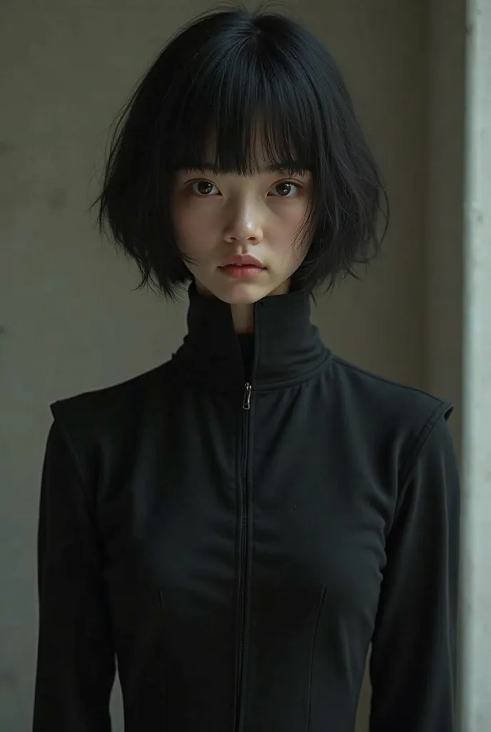 She makes a 16-year-old girl of short stature with short black hair and a pale complexion and a full-bodied black jumpsuit attached to her body. 