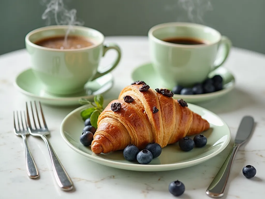 "Create a high-resolution, close-up image of an elegant breakfast scene. Include a freshly baked croissant, adorned with raisins or dried fruit, placed on a light green plate. Scatter a few fresh blueberries around the croissant to add vibrancy and balance...