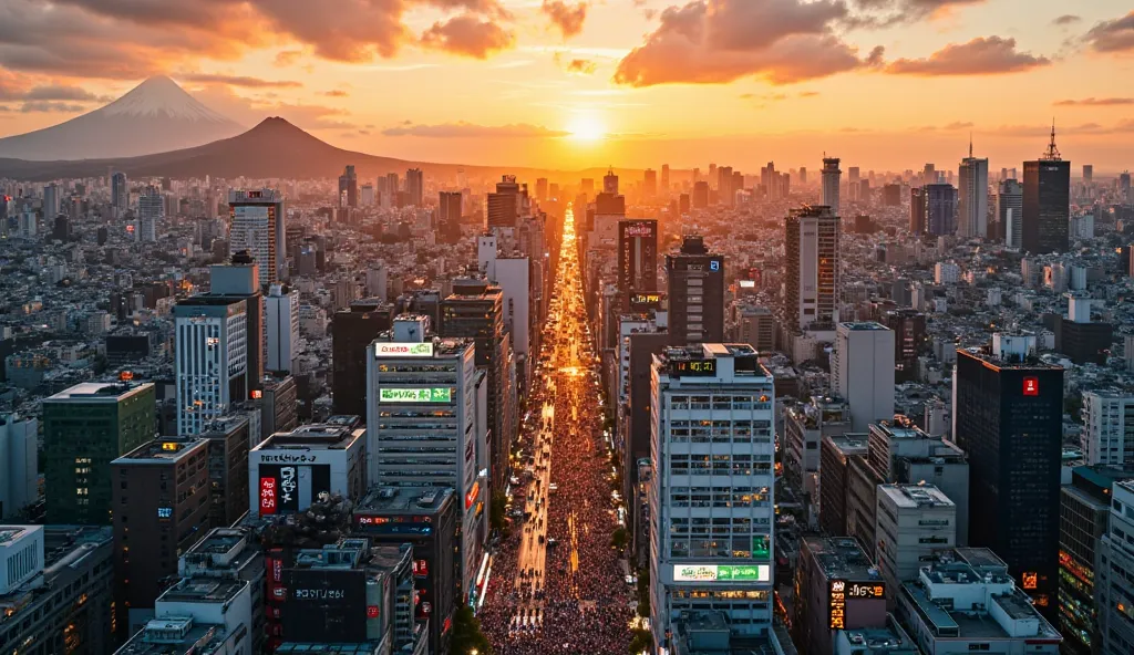 "A breathtaking aerial view of modern Tokyo, Japan, during sunset, with the city glowing under golden-orange hues. In the foreground, Shibuya Crossing is filled with thousands of people, symbolizing the energy and innovation of Japan today. Mount Fuji is v...