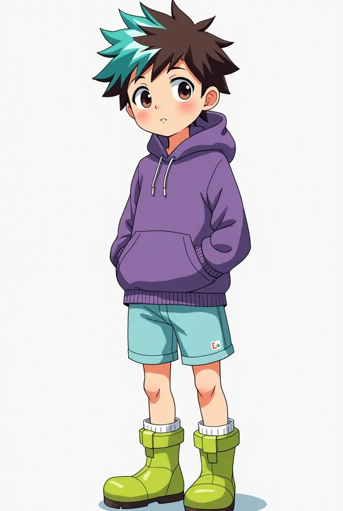  Anime boy,  ager,  brown,high, with short curly hair, turquoise blue above and brown tips and also a white streak. black eyes, white fomboid pupils, parts . purple sweatshirt, short light blue pants, lime green boots