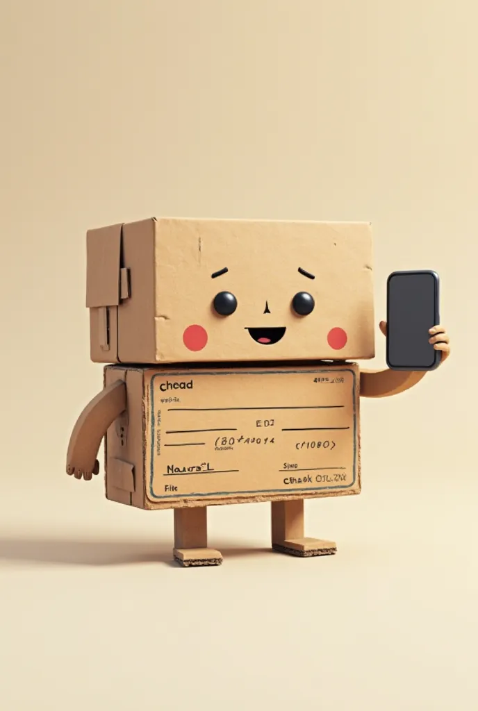 A cardboard check with a face holding a cell phone