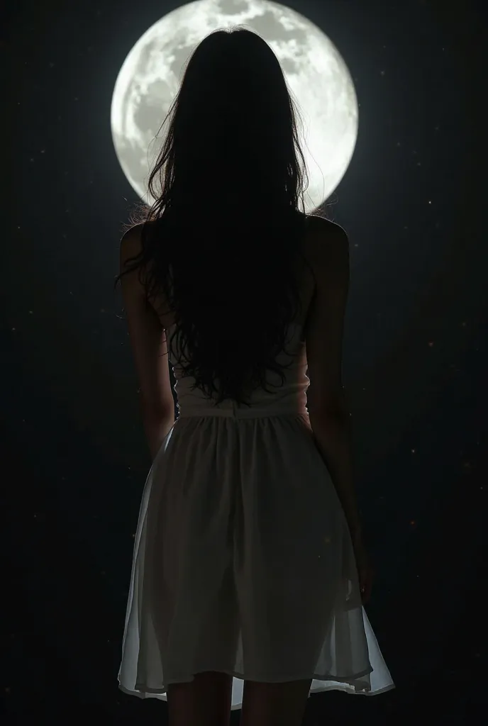 A full body silhouette of a slender woman with long dark hair that cascades behind her. Her back is facing the screen. The background will be in a dark place. Her form will be illuminated by the moonlight. She's wearing a flowy sexy white dress.