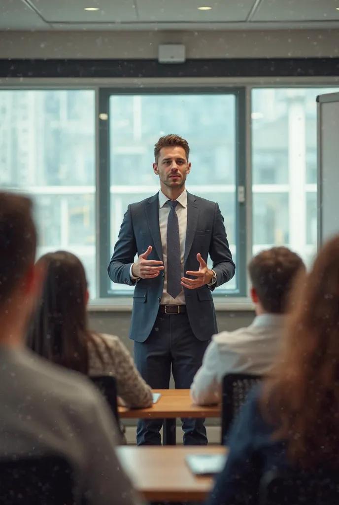 Design an image of a young man teaching financial education 