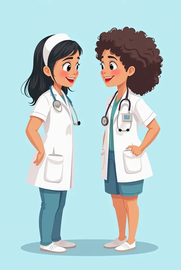 Make a cartoon style drawing. A white nurse , high, with medium and thin straight black hair next to an average-height female psychologist with dark brown and very curly hair (far away) And a bulkier body . Both are young. The background of the image is ba...