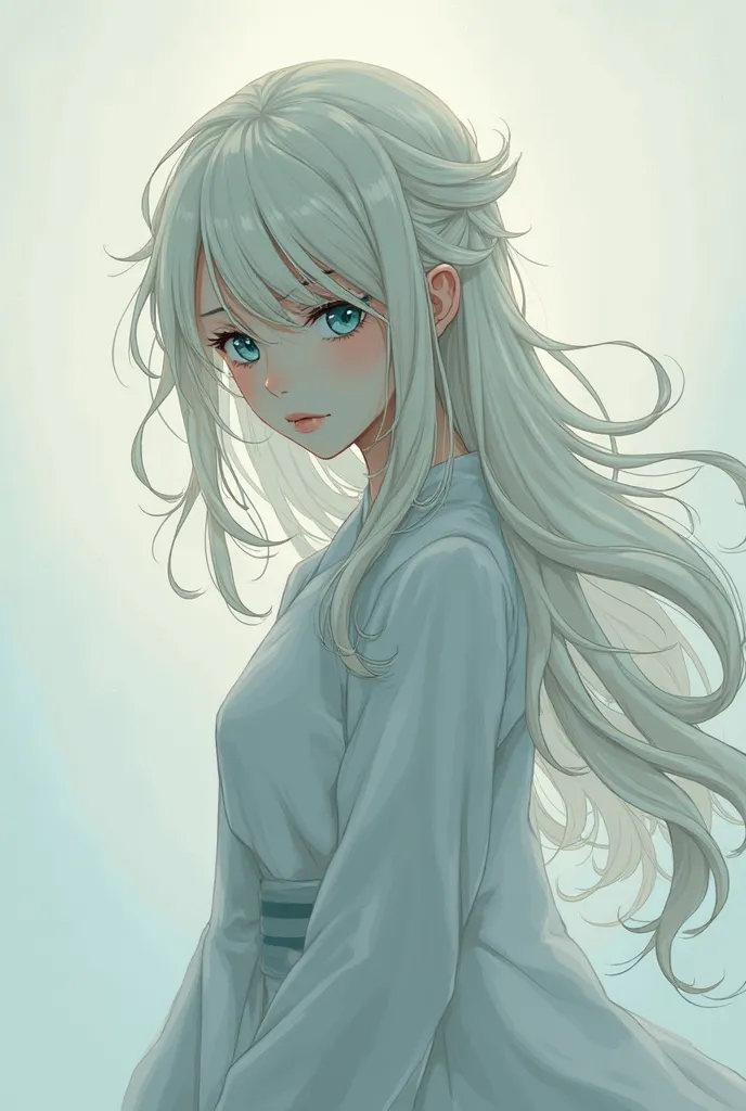 A girl with “white hair”,  long hair, light blue eyes” Very detailed, melancholy(expression), 
Webtoon, Japanese illustration style, 